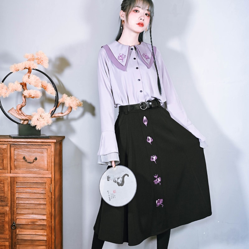 チャイナ風シャツ レディース 蓮鶴 刺繍トップス ブラウス 長袖 オリジナル むらさき パープルトップス