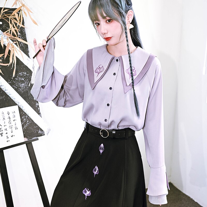 チャイナ風シャツ レディース 蓮鶴 刺繍トップス ブラウス 長袖 オリジナル むらさき パープルトップス