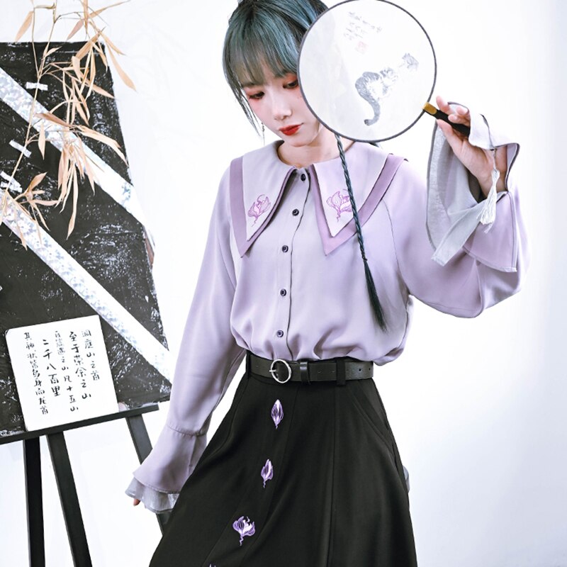 チャイナ風シャツ レディース 蓮鶴 刺繍トップス ブラウス 長袖 オリジナル むらさき パープルトップス