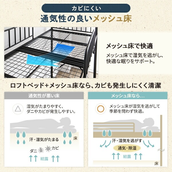 デスク付 ロフトベッド シングル ベッド（黒）+デスク（WNT）90cm ポケットマット付