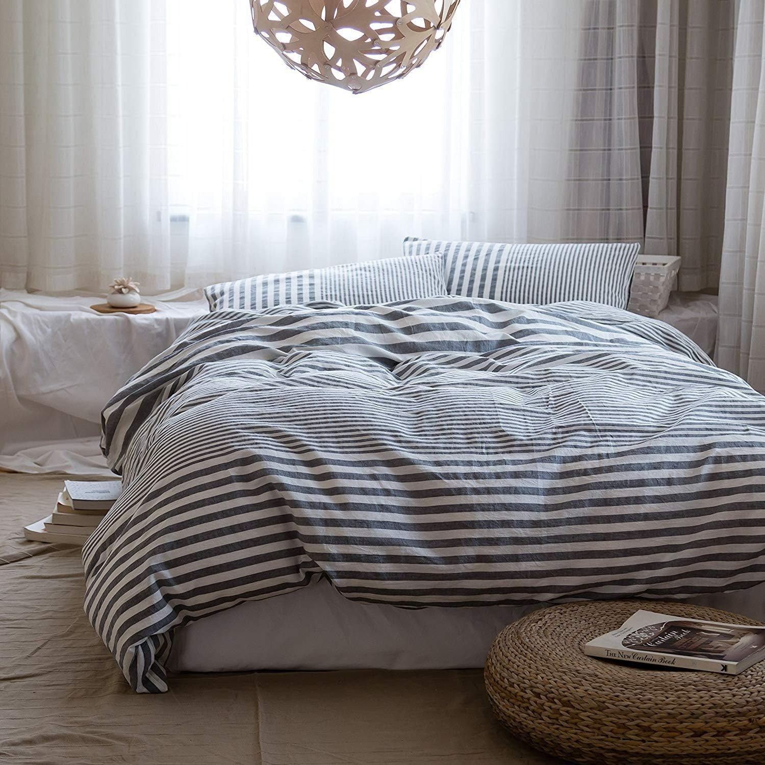 【ダブル布団カバー1枚枕カバー2枚】オーガニックコットン洗いざらしの綿100% 掛ふとんカバー ダブル 3点セット掛け布団カバー 枕カバー 洗い替え 寝具カバー 防ダニ グラデーションストライプ (