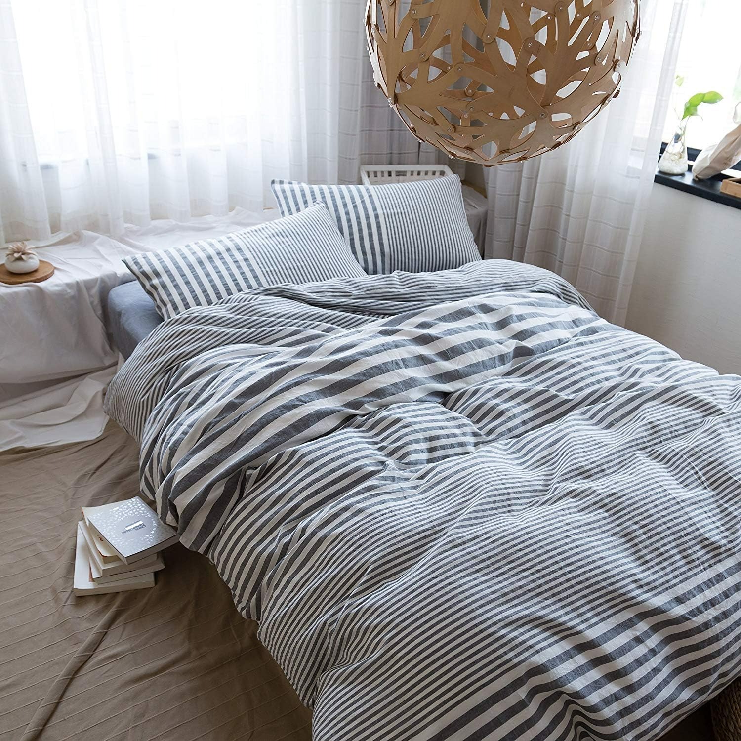【ダブル布団カバー1枚枕カバー2枚】オーガニックコットン洗いざらしの綿100% 掛ふとんカバー ダブル 3点セット掛け布団カバー 枕カバー 洗い替え 寝具カバー 防ダニ グラデーションストライプ (