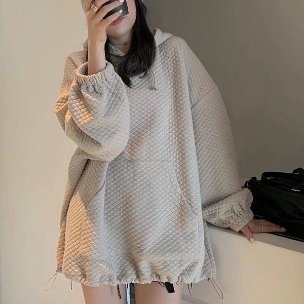 ダイヤモンド格子 フード付き セーター 女性 秋冬 スタイル 韓国 ミドル丈 ご予約品 大きい 薄い ルーズ