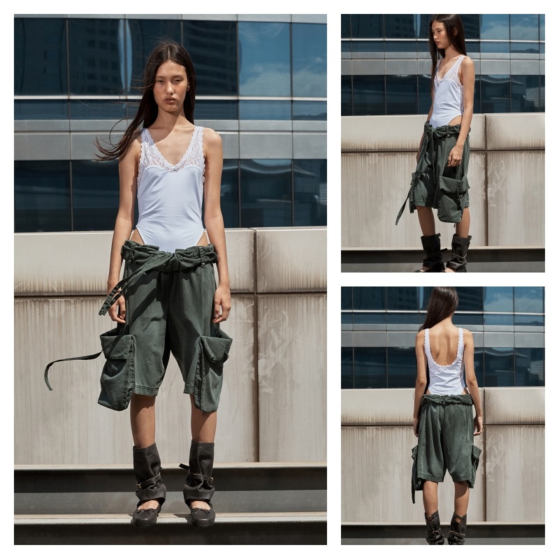 OPEN Yy】 ROLLED WAIST CARGO SHORTS : KHAKI