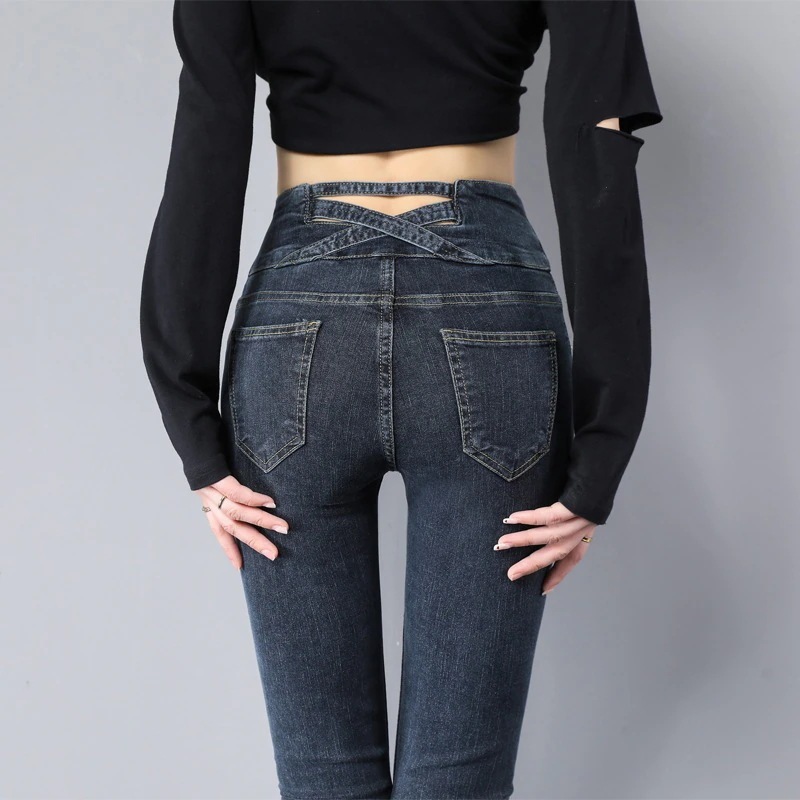 小さい足ジーンズ着痩せ新型ハイウエストジーンズ弾力ジーンズ レトロ タイトパンツ鉛筆ズボンスキニーデニムパンツQNZK32