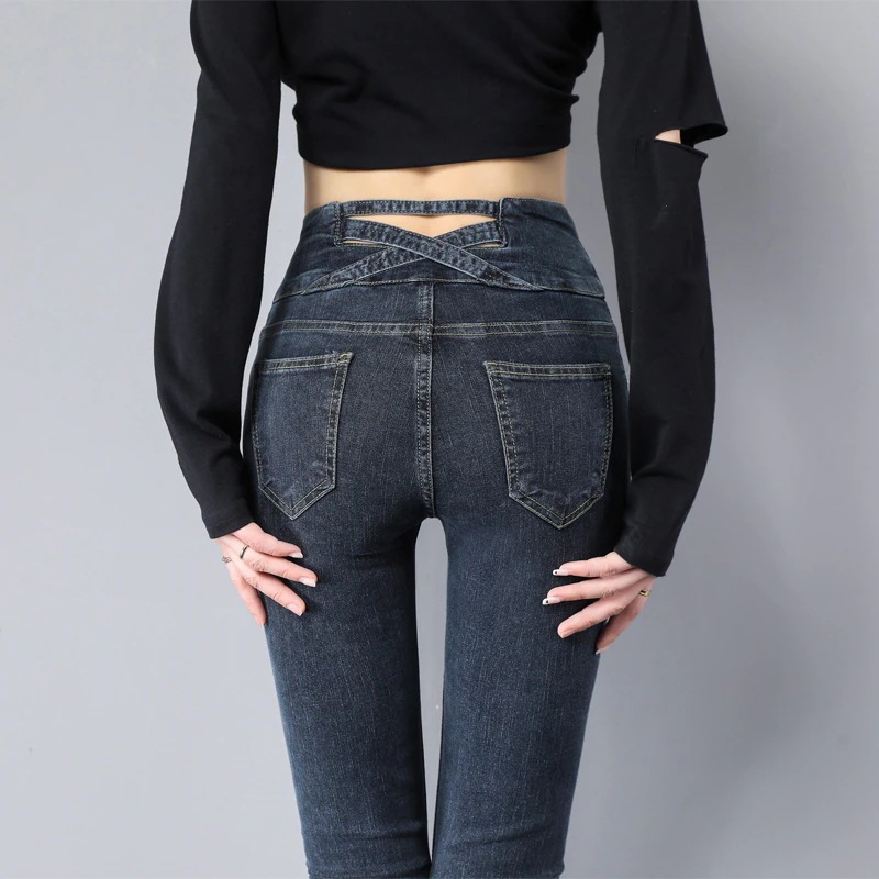 小さい足ジーンズ着痩せ新型ハイウエストジーンズ弾力ジーンズ レトロ タイトパンツ鉛筆ズボンスキニーデニムパンツQNZK32