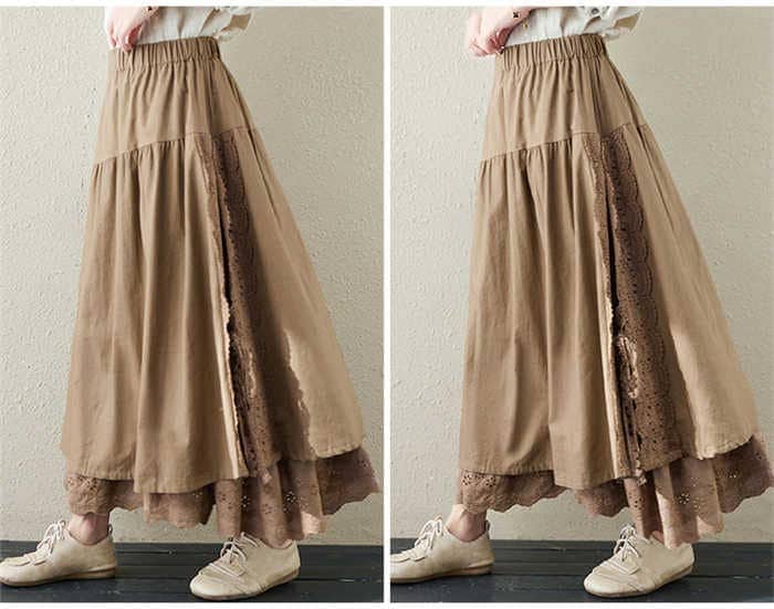 スカート ロング ペチコート レース ウエストゴム ボトムス 刺繍 切り替え 可愛い 春秋 お洒落 きれいめ フレア カジュアル シンプル ゆったり 体型カバー 洗える 20代 30代 40代 50代