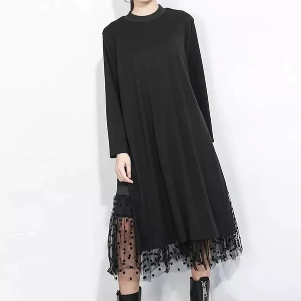 個性 不規則 デザイン ドット チュール コットンワンピース 黒 かっこいい