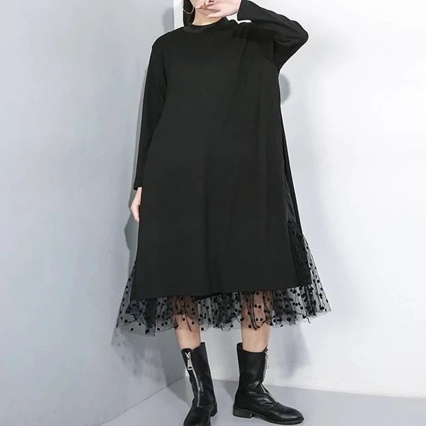 個性 不規則 デザイン ドット チュール コットンワンピース 黒 かっこいい