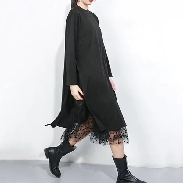 個性 不規則 デザイン ドット チュール コットンワンピース 黒 かっこいい