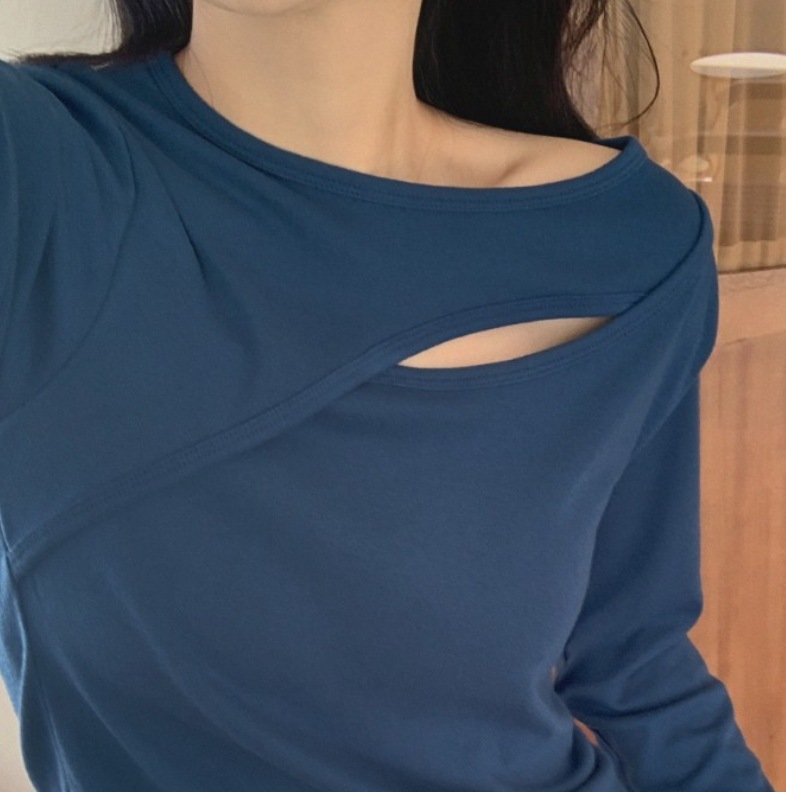 ロングTシャツ スリムフィット 肌見せ 甘辛 トップス デート Tシャツ カットソー プルオーバー 袖あり 長袖 萌袖 ラウンドネック 襟なし スリム 伸縮性 ロングTシャツ スリムフィット 肌見せ 甘辛 トップス デート T