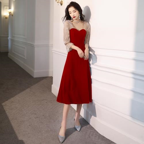 Qoo10] パーティードレス韓国ロングドレス黒赤ブラ