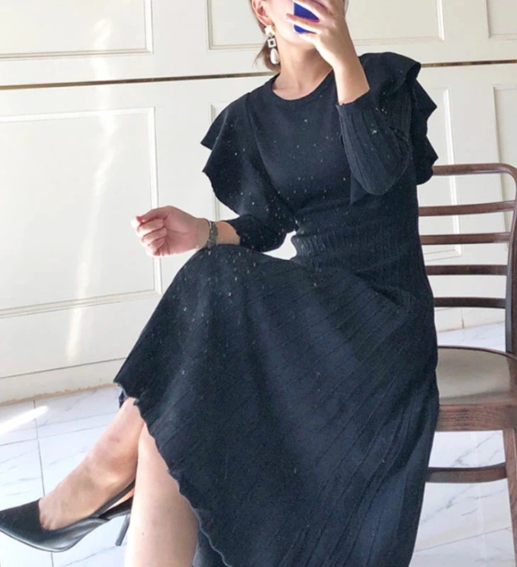 ニット フリル ミモレ ワンピース 長袖 ロング フレア プリーツ リブ ゆったり 体型カバー 流行 ガーリー フェミニン 可愛い カジュアル 春 秋 冬 ベージュ ブラック 黒 無地 レディース ニット フリル ミモレ ワンピース 長袖 ロング フレア プリーツ リブ ゆったり 体型カバー 流行 ガーリー フェミニン 可愛い カジュアル 春 秋 冬 ベージュ ブラック 黒 無地 レディース