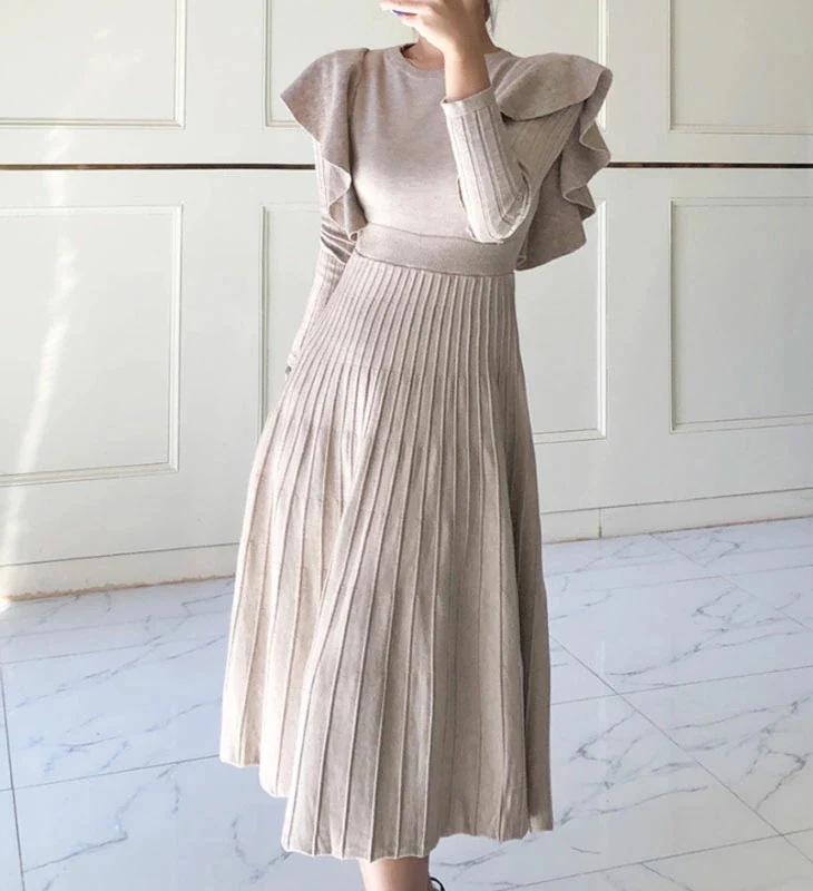 ニット フリル ミモレ ワンピース 長袖 ロング フレア プリーツ リブ ゆったり 体型カバー 流行 ガーリー フェミニン 可愛い カジュアル 春 秋 冬 ベージュ ブラック 黒 無地 レディース ニット フリル ミモレ ワンピース 長袖 ロング フレア プリーツ リブ ゆったり 体型カバー 流行 ガーリー フェミニン 可愛い カジュアル 春 秋 冬 ベージュ ブラック 黒 無地 レディース