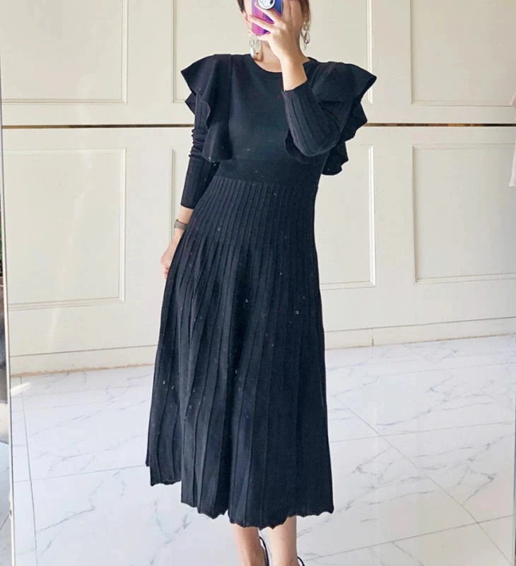 ニット フリル ミモレ ワンピース 長袖 ロング フレア プリーツ リブ ゆったり 体型カバー 流行 ガーリー フェミニン 可愛い カジュアル 春 秋 冬 ベージュ ブラック 黒 無地 レディース ニット フリル ミモレ ワンピース 長袖 ロング フレア プリーツ リブ ゆったり 体型カバー 流行 ガーリー フェミニン 可愛い カジュアル 春 秋 冬 ベージュ ブラック 黒 無地 レディース