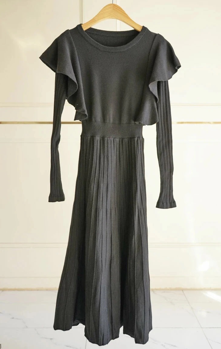 ニット フリル ミモレ ワンピース 長袖 ロング フレア プリーツ リブ ゆったり 体型カバー 流行 ガーリー フェミニン 可愛い カジュアル 春 秋 冬 ベージュ ブラック 黒 無地 レディース ニット フリル ミモレ ワンピース 長袖 ロング フレア プリーツ リブ ゆったり 体型カバー 流行 ガーリー フェミニン 可愛い カジュアル 春 秋 冬 ベージュ ブラック 黒 無地 レディース