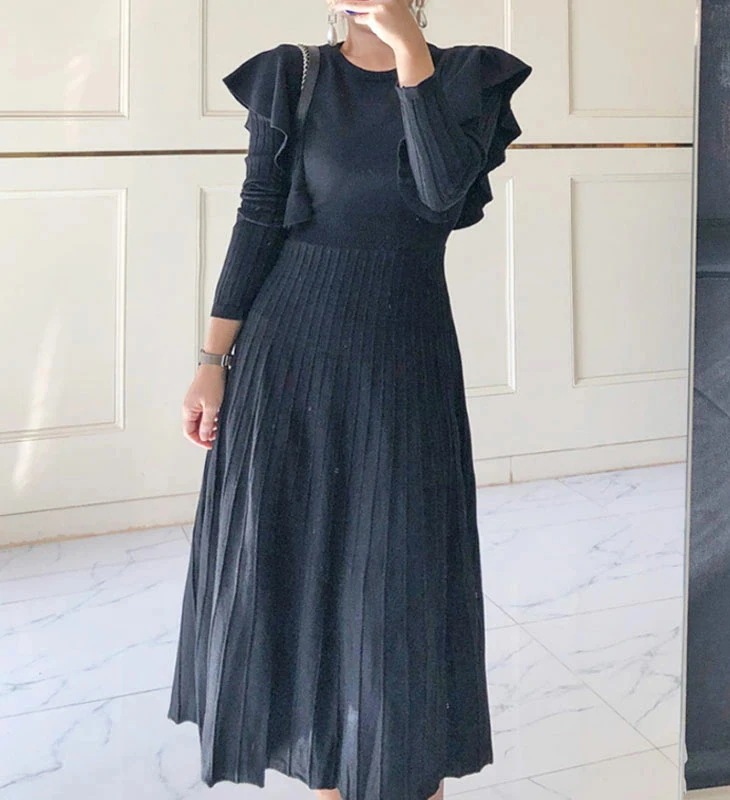 ニット フリル ミモレ ワンピース 長袖 ロング フレア プリーツ リブ ゆったり 体型カバー 流行 ガーリー フェミニン 可愛い カジュアル 春 秋 冬 ベージュ ブラック 黒 無地 レディース ニット フリル ミモレ ワンピース 長袖 ロング フレア プリーツ リブ ゆったり 体型カバー 流行 ガーリー フェミニン 可愛い カジュアル 春 秋 冬 ベージュ ブラック 黒 無地 レディース