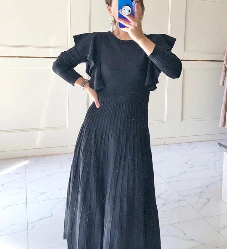 ニット フリル ミモレ ワンピース 長袖 ロング フレア プリーツ リブ ゆったり 体型カバー 流行 ガーリー フェミニン 可愛い カジュアル 春 秋 冬 ベージュ ブラック 黒 無地 レディース ニット フリル ミモレ ワンピース 長袖 ロング フレア プリーツ リブ ゆったり 体型カバー 流行 ガーリー フェミニン 可愛い カジュアル 春 秋 冬 ベージュ ブラック 黒 無地 レディース