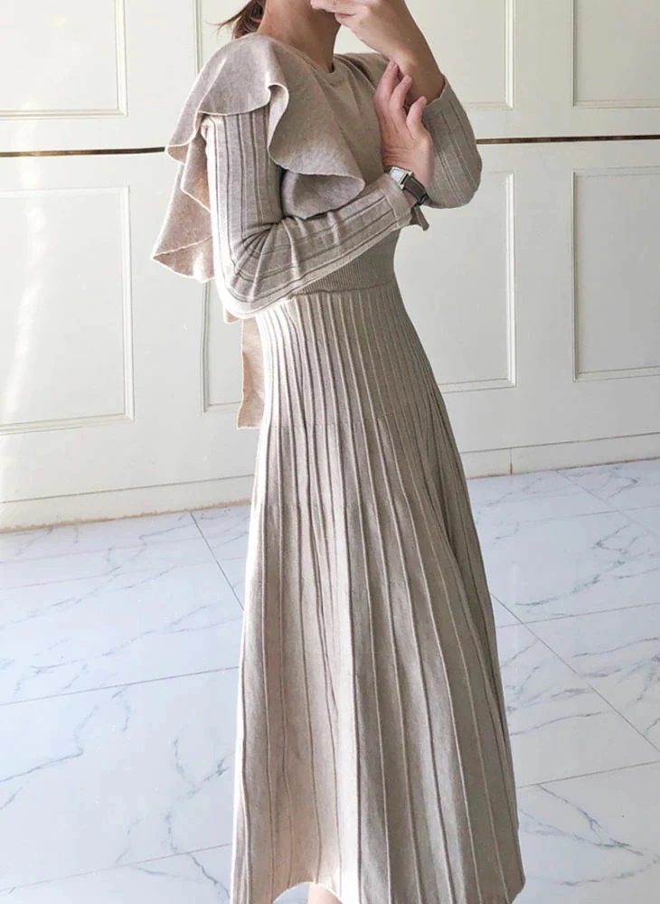 ニット フリル ミモレ ワンピース 長袖 ロング フレア プリーツ リブ ゆったり 体型カバー 流行 ガーリー フェミニン 可愛い カジュアル 春 秋 冬 ベージュ ブラック 黒 無地 レディース ニット フリル ミモレ ワンピース 長袖 ロング フレア プリーツ リブ ゆったり 体型カバー 流行 ガーリー フェミニン 可愛い カジュアル 春 秋 冬 ベージュ ブラック 黒 無地 レディース