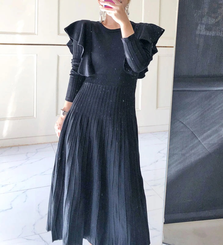 ニット フリル ミモレ ワンピース 長袖 ロング フレア プリーツ リブ ゆったり 体型カバー 流行 ガーリー フェミニン 可愛い カジュアル 春 秋 冬 ベージュ ブラック 黒 無地 レディース ニット フリル ミモレ ワンピース 長袖 ロング フレア プリーツ リブ ゆったり 体型カバー 流行 ガーリー フェミニン 可愛い カジュアル 春 秋 冬 ベージュ ブラック 黒 無地 レディース