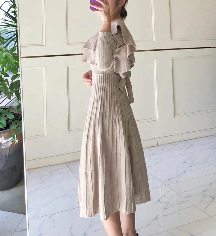 ニット フリル ミモレ ワンピース 長袖 ロング フレア プリーツ リブ ゆったり 体型カバー 流行 ガーリー フェミニン 可愛い カジュアル 春 秋 冬 ベージュ ブラック 黒 無地 レディース ニット フリル ミモレ ワンピース 長袖 ロング フレア プリーツ リブ ゆったり 体型カバー 流行 ガーリー フェミニン 可愛い カジュアル 春 秋 冬 ベージュ ブラック 黒 無地 レディース