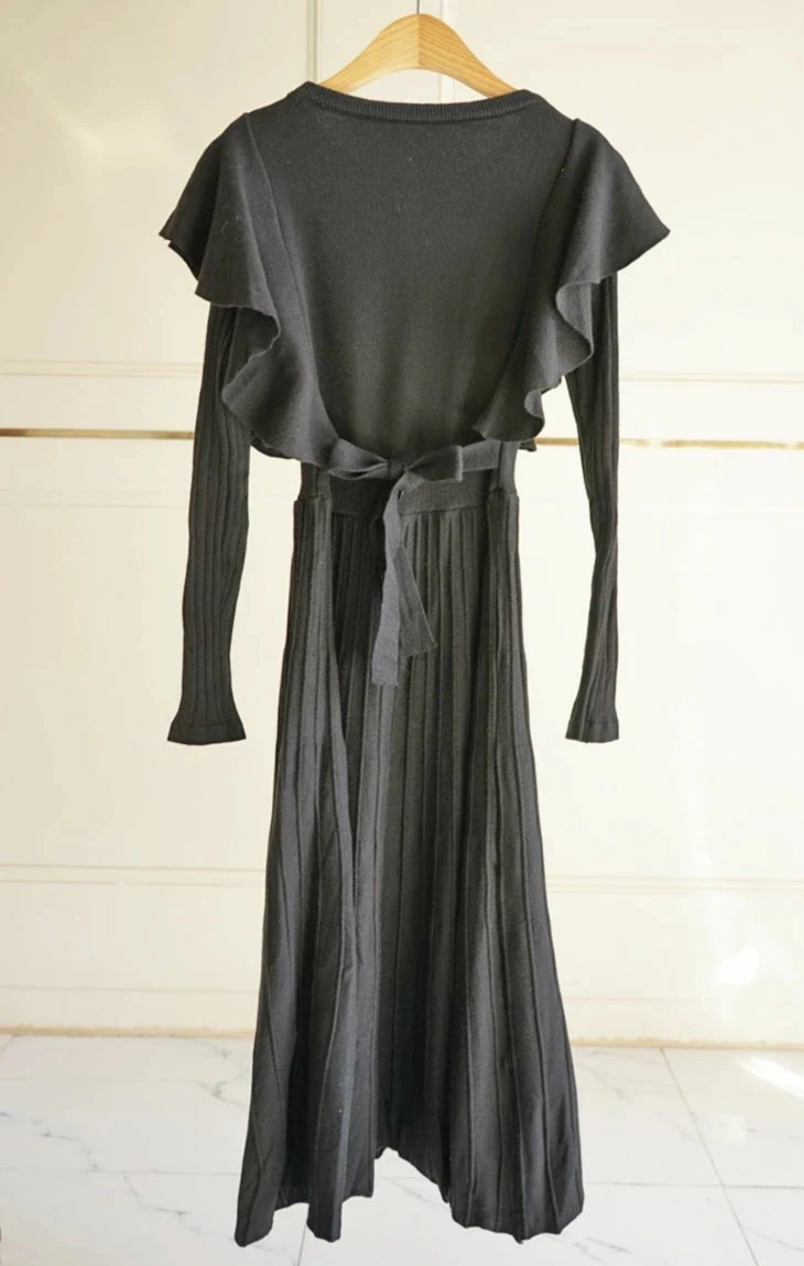 ニット フリル ミモレ ワンピース 長袖 ロング フレア プリーツ リブ ゆったり 体型カバー 流行 ガーリー フェミニン 可愛い カジュアル 春 秋 冬 ベージュ ブラック 黒 無地 レディース ニット フリル ミモレ ワンピース 長袖 ロング フレア プリーツ リブ ゆったり 体型カバー 流行 ガーリー フェミニン 可愛い カジュアル 春 秋 冬 ベージュ ブラック 黒 無地 レディース