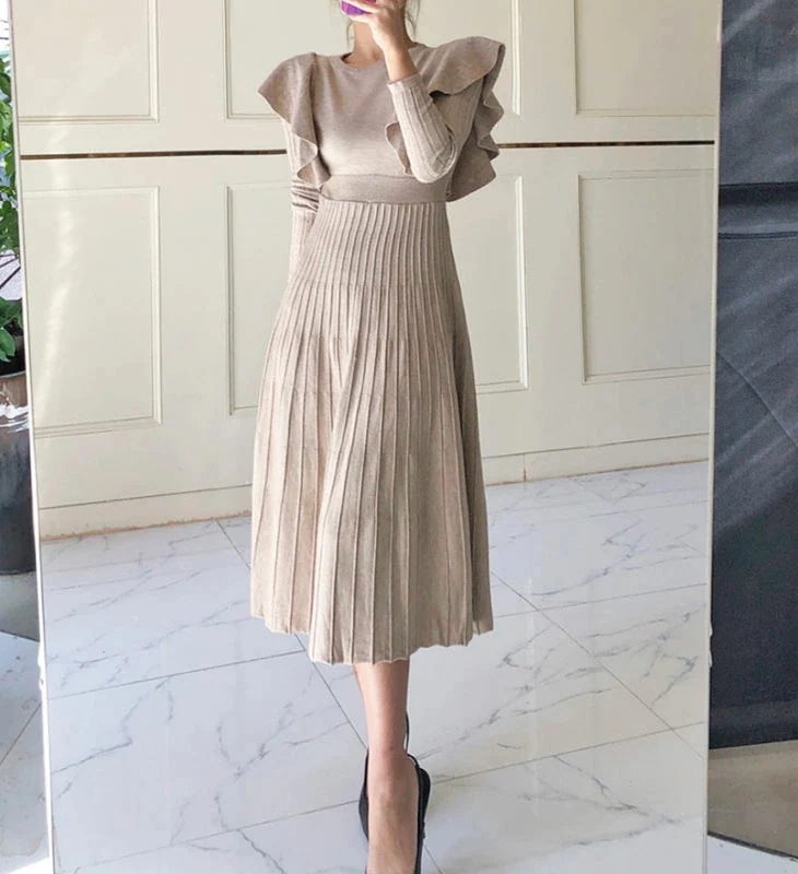 ニット フリル ミモレ ワンピース 長袖 ロング フレア プリーツ リブ ゆったり 体型カバー 流行 ガーリー フェミニン 可愛い カジュアル 春 秋 冬 ベージュ ブラック 黒 無地 レディース ニット フリル ミモレ ワンピース 長袖 ロング フレア プリーツ リブ ゆったり 体型カバー 流行 ガーリー フェミニン 可愛い カジュアル 春 秋 冬 ベージュ ブラック 黒 無地 レディース