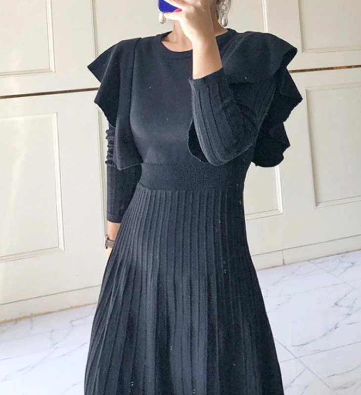 ニット フリル ミモレ ワンピース 長袖 ロング フレア プリーツ リブ ゆったり 体型カバー 流行 ガーリー フェミニン 可愛い カジュアル 春 秋 冬 ベージュ ブラック 黒 無地 レディース ニット フリル ミモレ ワンピース 長袖 ロング フレア プリーツ リブ ゆったり 体型カバー 流行 ガーリー フェミニン 可愛い カジュアル 春 秋 冬 ベージュ ブラック 黒 無地 レディース