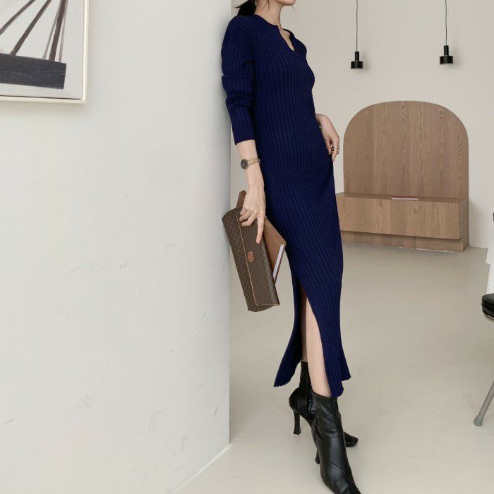 2021年 秋冬 2color サイドスリット 長袖 ロング リブ ワンピース