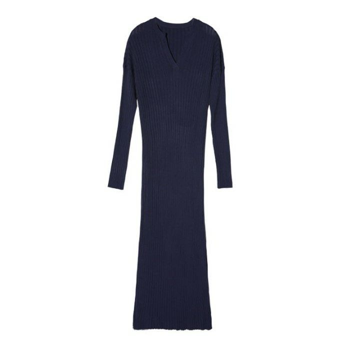 2021年 秋冬 2color サイドスリット 長袖 ロング リブ ワンピース