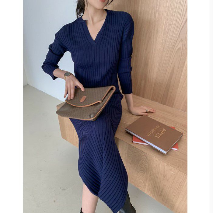 2021年 秋冬 2color サイドスリット 長袖 ロング リブ ワンピース
