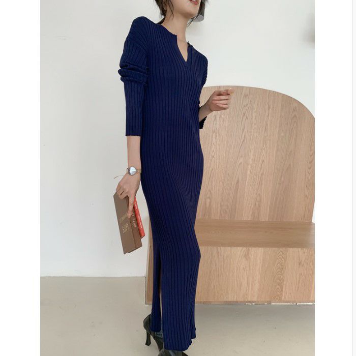 2021年 秋冬 2color サイドスリット 長袖 ロング リブ ワンピース