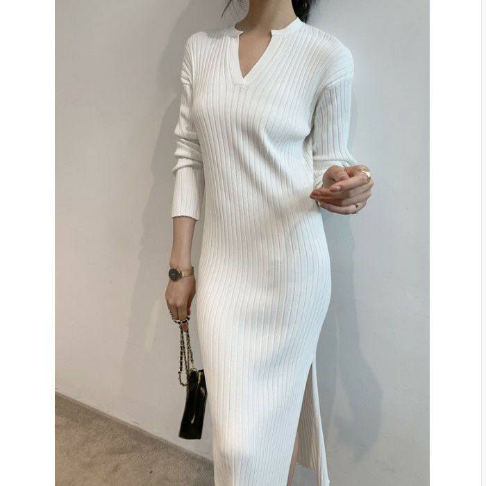 2021年 秋冬 2color サイドスリット 長袖 ロング リブ ワンピース
