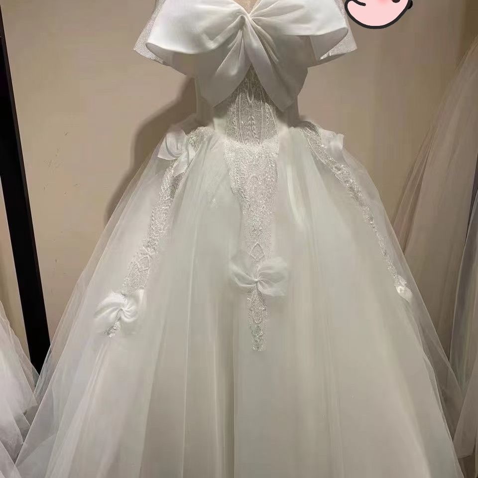 スターウェディングドレス 2024 気質トレーリングワンショルダーリボン成人式プリンセス風腕カバー