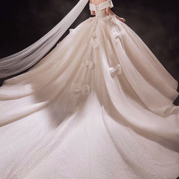 スターウェディングドレス 2024 気質トレーリングワンショルダーリボン成人式プリンセス風腕カバー