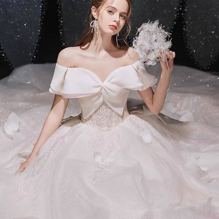 スターウェディングドレス 2024 気質トレーリングワンショルダーリボン成人式プリンセス風腕カバー