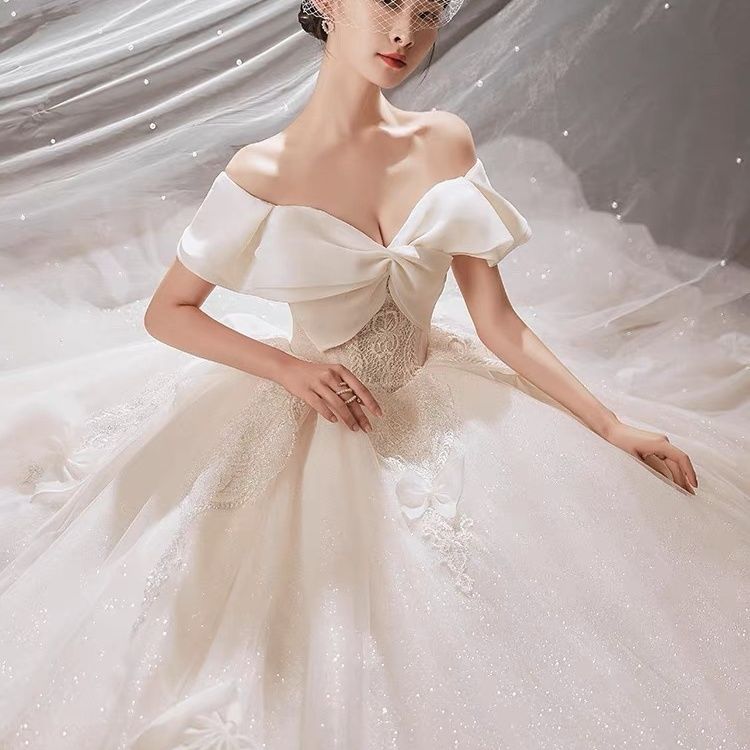 スターウェディングドレス 2024 気質トレーリングワンショルダーリボン成人式プリンセス風腕カバー