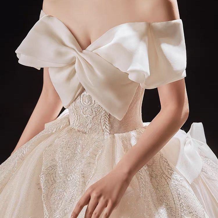 スターウェディングドレス 2024 気質トレーリングワンショルダーリボン成人式プリンセス風腕カバー