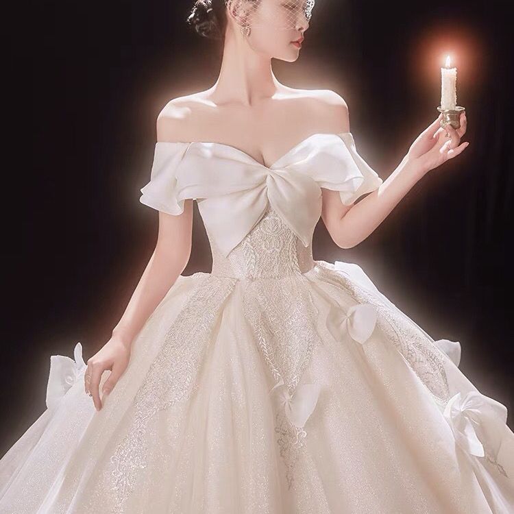 スターウェディングドレス 2024 気質トレーリングワンショルダーリボン成人式プリンセス風腕カバー