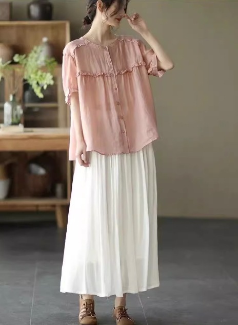 トップス モテアイテム 可愛い サイズ豊富 大きいサイズ シャツ ブラウス 半袖 ラウンドネック 襟なし Aライン ボタン フリル 透け感 通気性 ギャザー ギャザー使い 薄手 かわいい トップス モテアイテム 可愛い サイズ豊富 大きいサイズ シャツ ブラウス 半袖 ラウンドネック 襟なし Aライン ボタン フリル 透け感 通気性 ギャザー ギャザー使い 薄手 かわいい