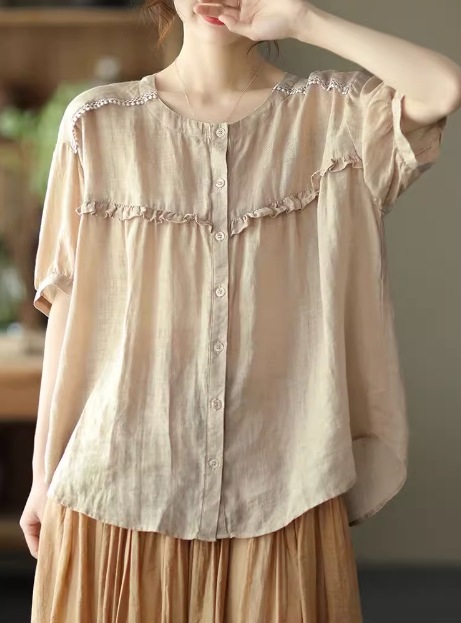 トップス モテアイテム 可愛い サイズ豊富 大きいサイズ シャツ ブラウス 半袖 ラウンドネック 襟なし Aライン ボタン フリル 透け感 通気性 ギャザー ギャザー使い 薄手 かわいい トップス モテアイテム 可愛い サイズ豊富 大きいサイズ シャツ ブラウス 半袖 ラウンドネック 襟なし Aライン ボタン フリル 透け感 通気性 ギャザー ギャザー使い 薄手 かわいい