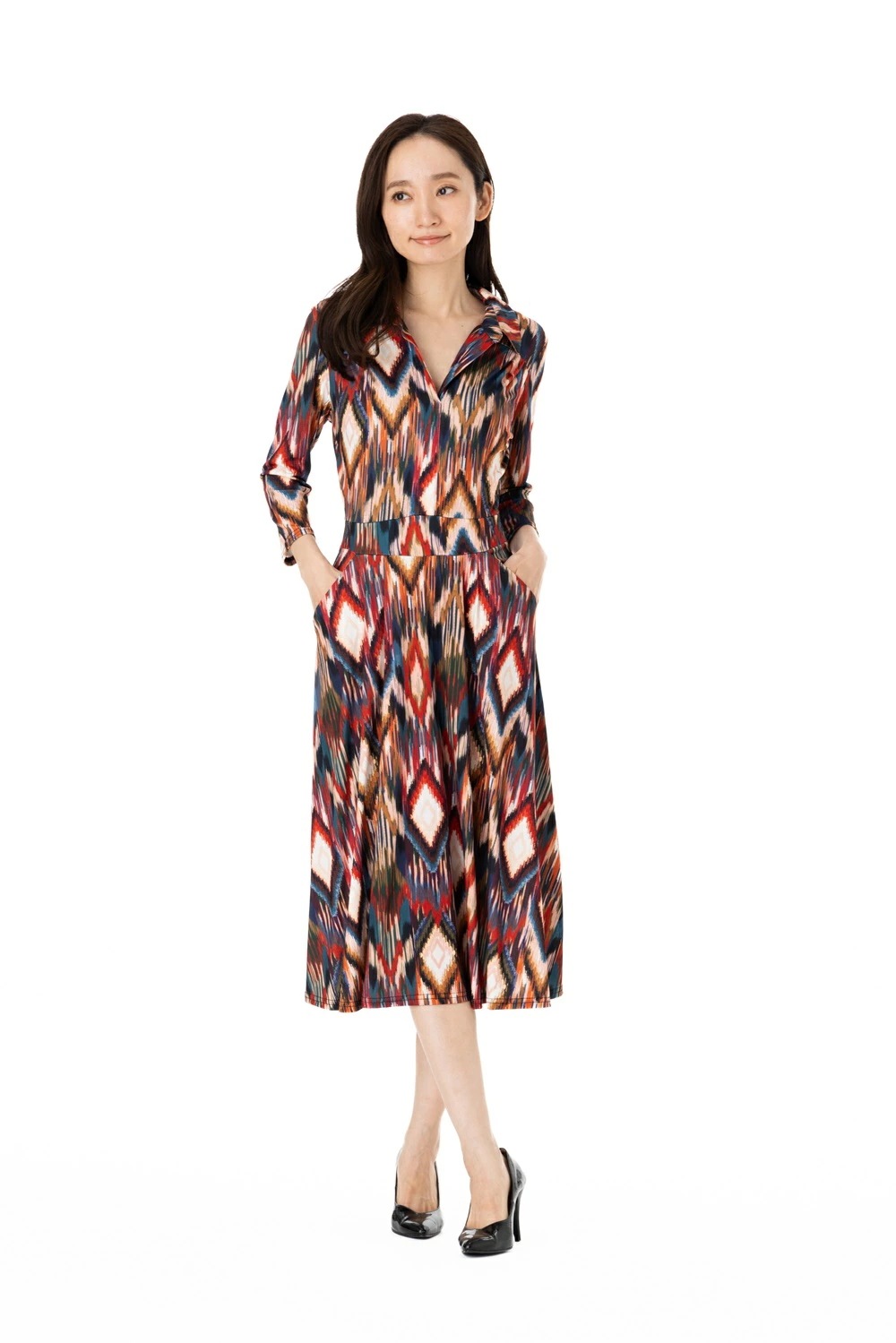 エジェリワンピース EGERIEワンピース T1 T2 T3サイズ 七分袖 ミモレ丈ワンピース 幾何柄 襟 ジャージー インポートワンピース マルチ エジェリワンピース EGERIEワンピース T1 T2 T3サイズ 七分袖 ミモレ丈ワンピース 幾何柄 襟 ジャージー インポートワンピース マルチ