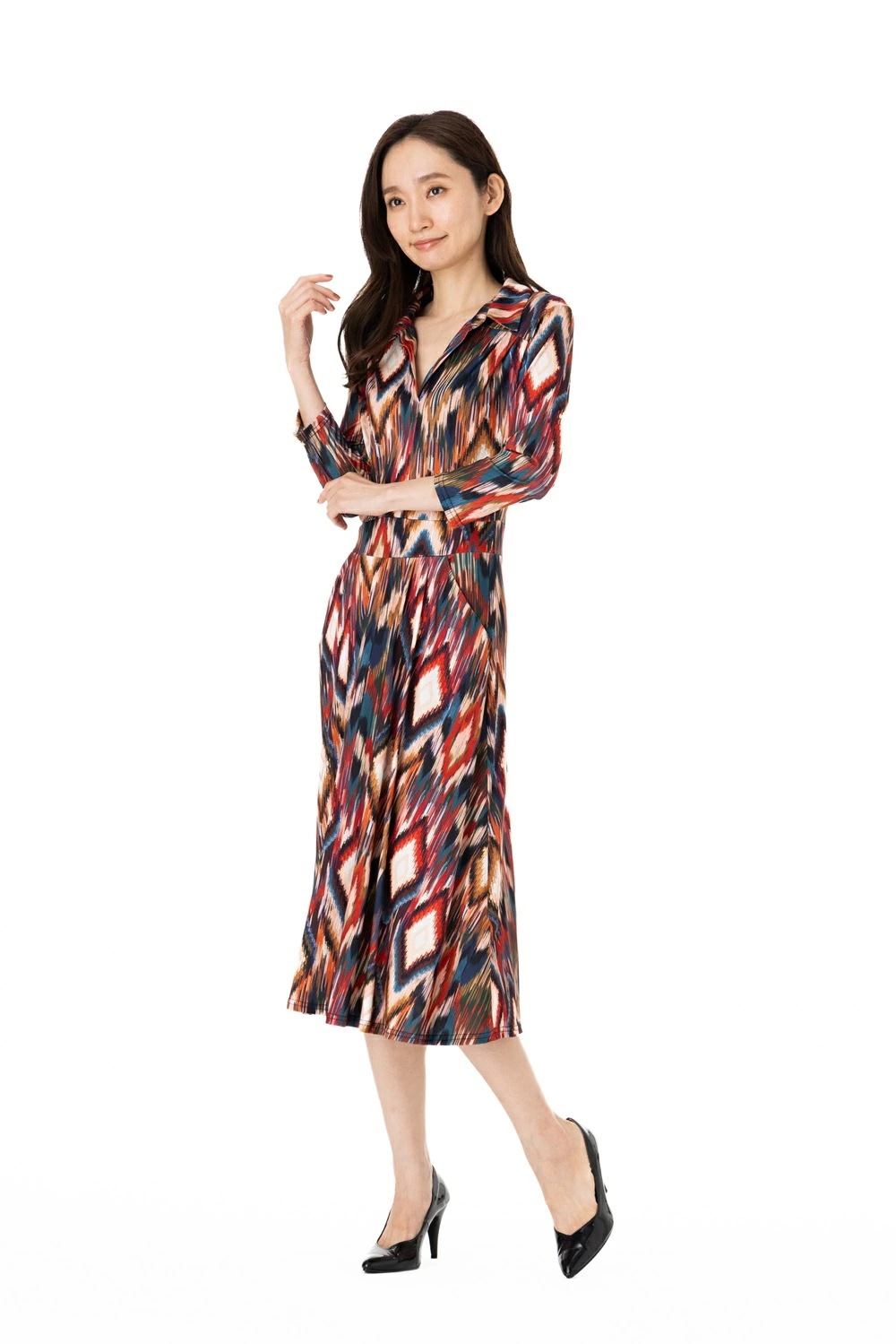 エジェリワンピース EGERIEワンピース T1 T2 T3サイズ 七分袖 ミモレ丈ワンピース 幾何柄 襟 ジャージー インポートワンピース マルチ エジェリワンピース EGERIEワンピース T1 T2 T3サイズ 七分袖 ミモレ丈ワンピース 幾何柄 襟 ジャージー インポートワンピース マルチ