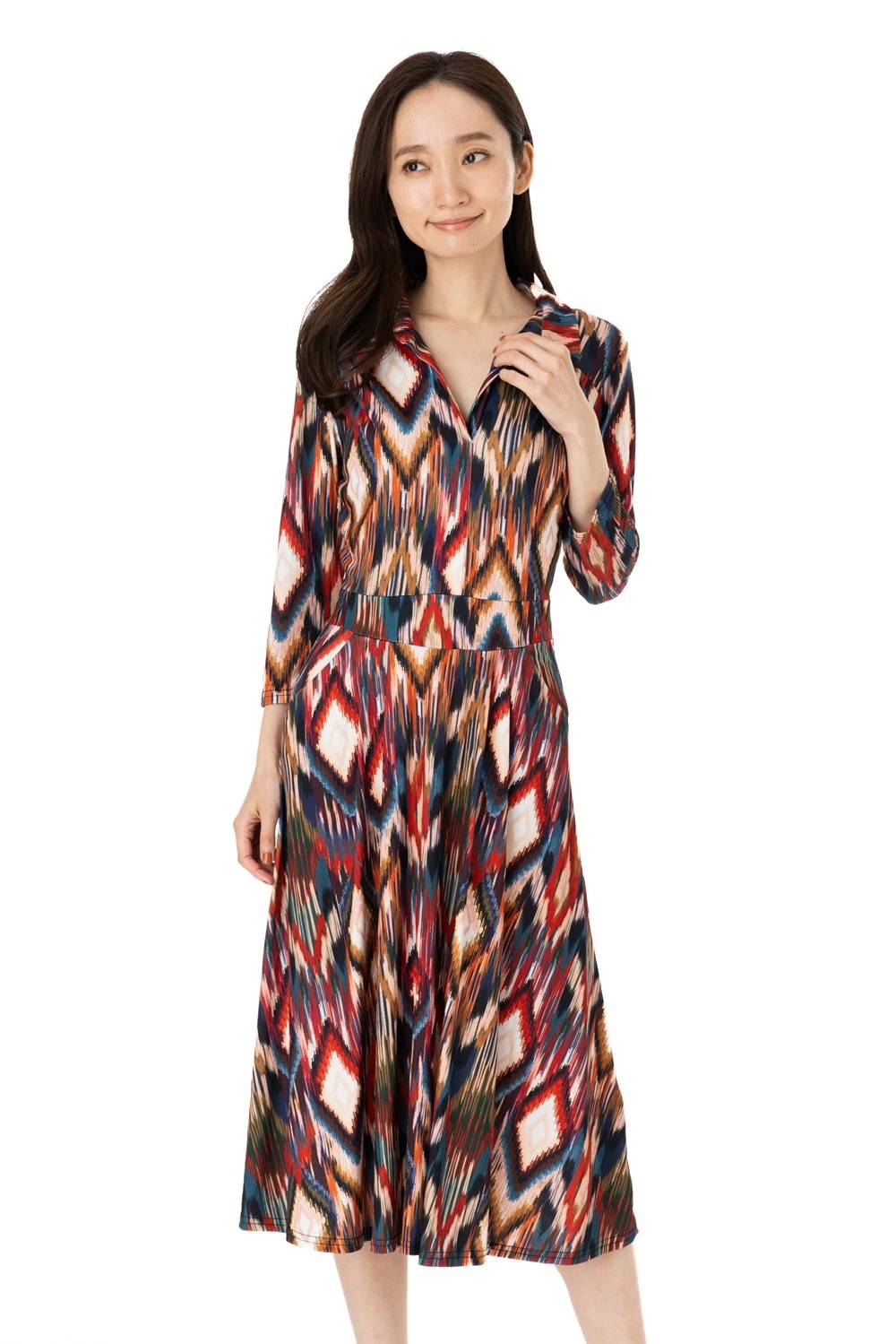 エジェリワンピース EGERIEワンピース T1 T2 T3サイズ 七分袖 ミモレ丈ワンピース 幾何柄 襟 ジャージー インポートワンピース マルチ エジェリワンピース EGERIEワンピース T1 T2 T3サイズ 七分袖 ミモレ丈ワンピース 幾何柄 襟 ジャージー インポートワンピース マルチ