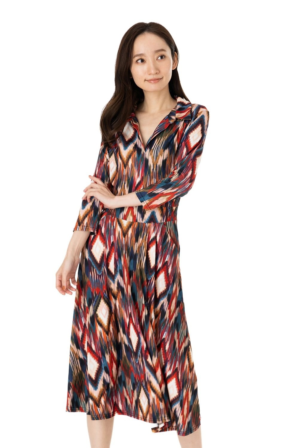 エジェリワンピース EGERIEワンピース T1 T2 T3サイズ 七分袖 ミモレ丈ワンピース 幾何柄 襟 ジャージー インポートワンピース マルチ エジェリワンピース EGERIEワンピース T1 T2 T3サイズ 七分袖 ミモレ丈ワンピース 幾何柄 襟 ジャージー インポートワンピース マルチ