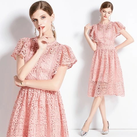 ひざ丈ワンピース ミディアム丈ワンピース 半袖 レース フリル袖 二次会 披露宴 懇親会 ドレス 上品 レディース大きいサイズ レディース 春夏 結婚式 きれいめ タイト フォーマル 大人 上品 チュ