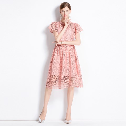 ひざ丈ワンピース ミディアム丈ワンピース 半袖 レース フリル袖 二次会 披露宴 懇親会 ドレス 上品 レディース大きいサイズ レディース 春夏 結婚式 きれいめ タイト フォーマル 大人 上品 チュ