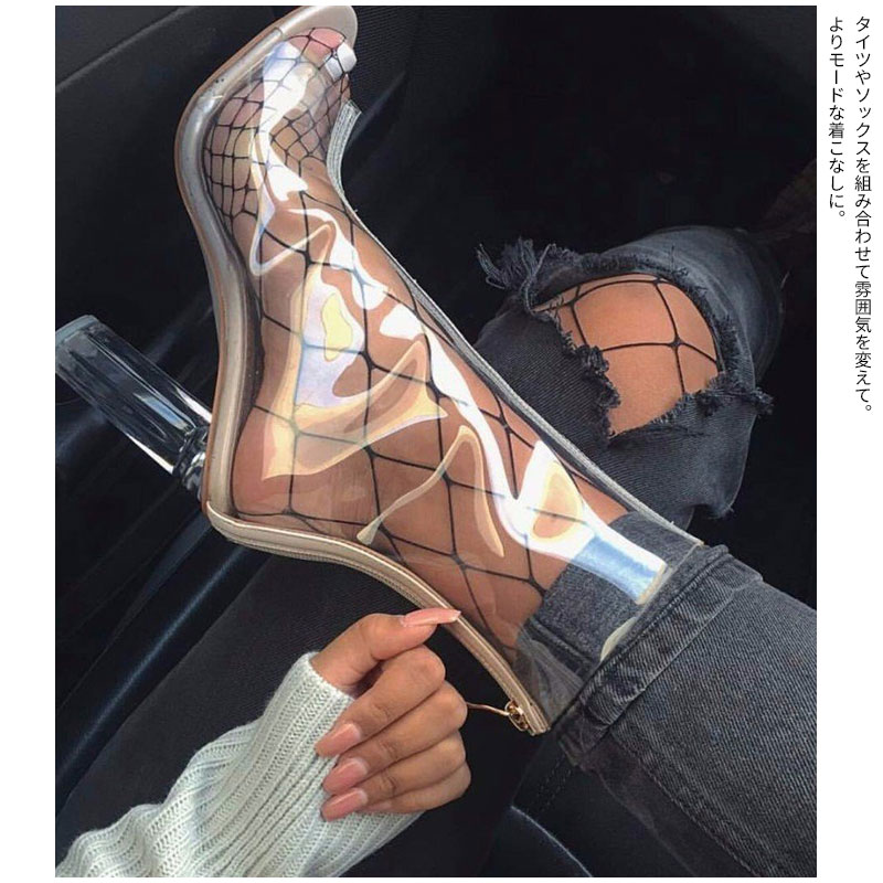 クリアブーツ レディース ショートブーツ ジップ オープントゥ ブーツ ヒール PVC 素材 ガーリ クリアブーツ レディース ショートブーツ ジップ オープントゥ ブーツ ヒール PVC 素材 ガーリ