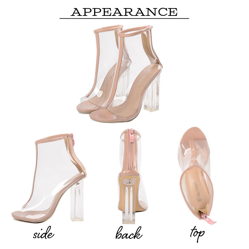 クリアブーツ レディース ショートブーツ ジップ オープントゥ ブーツ ヒール PVC 素材 ガーリ クリアブーツ レディース ショートブーツ ジップ オープントゥ ブーツ ヒール PVC 素材 ガーリ