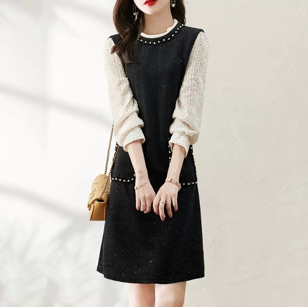 ワンピース 膝丈 袖あり 長袖 ドッキング デザイン 美ライン パール ニュアンス レース シフォン フリル レイヤード ポケット 装飾 軽やか バイカラー ロマンチック かわいい 大人可愛い